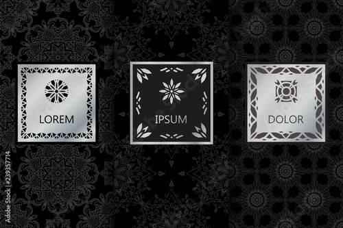 Set of seamless patterns background. Vector illustration for elegant design. Abstract geometric East Ornament Pattern. Stylish decorative labels with emblem and frame. Fashion universal background.