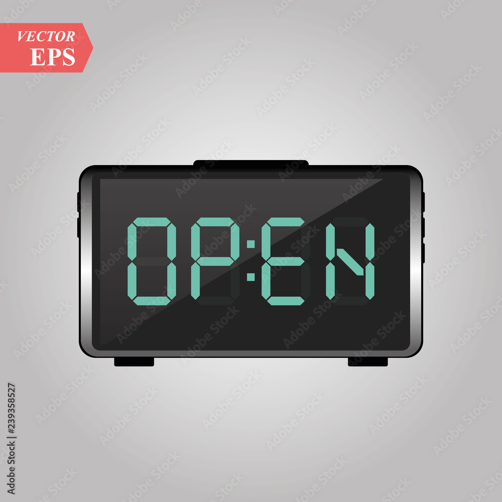 Open written on a digital alarm clock concept Line Art in Flat Style Vector Illustration Design Open written on a digital alarm clock concept Line Art in Flat Style Vector Illustration Design