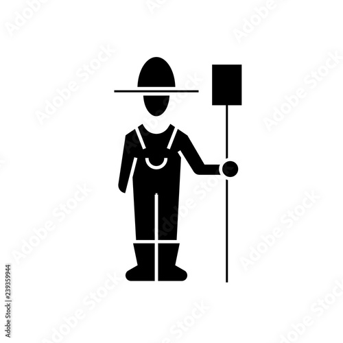 Male farmer with hayfork black vector concept icon. Male farmer with hayfork flat illustration, sign, symbol