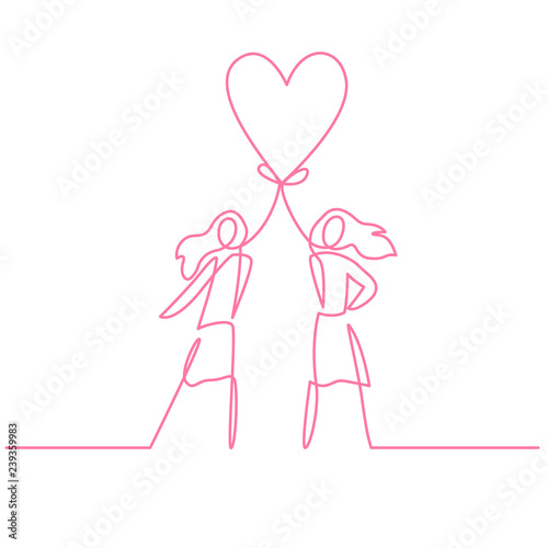 Two women holding heart continuous one line vector drawing