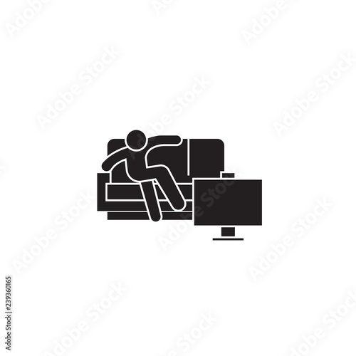 Man sitting on sofa black vector concept icon. Man sitting on sofa flat illustration, sign, symbol