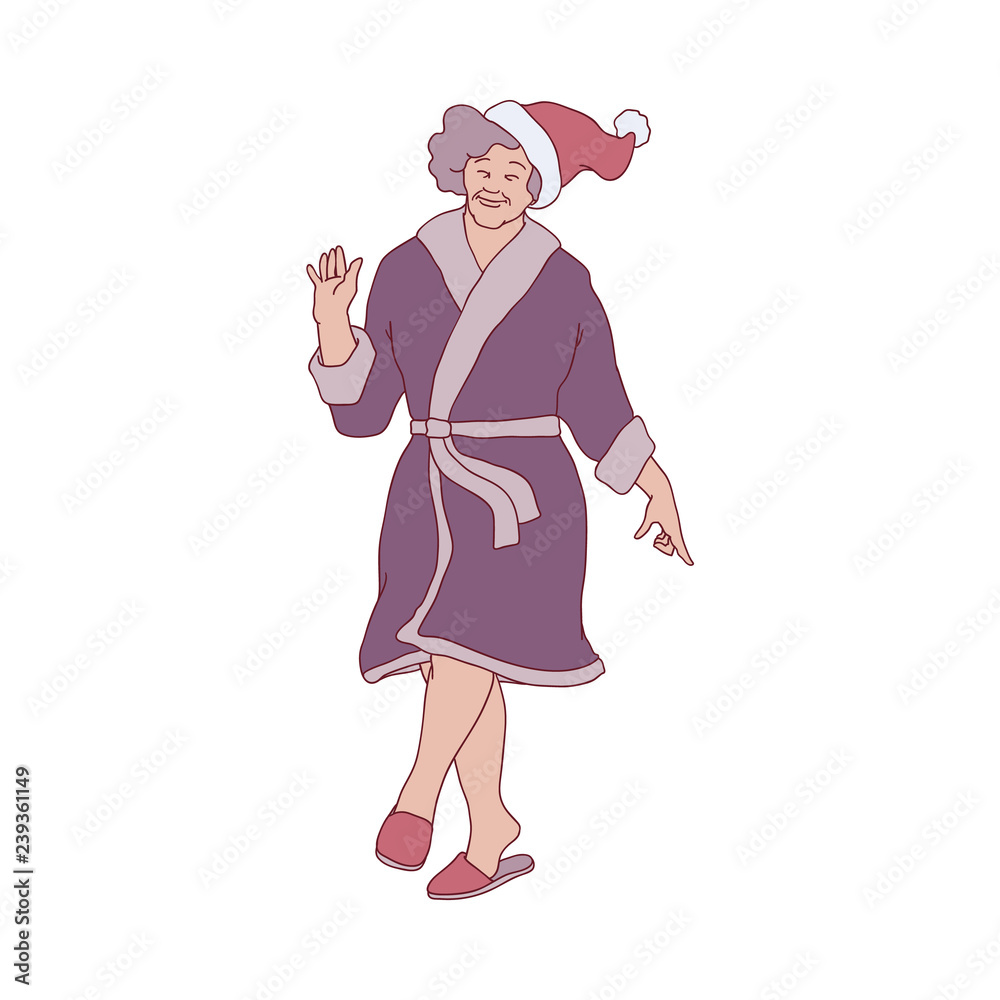 Vector sketch cheerful elderly woman in cozy leisure wear, bathrobe home clothes having fun dancing in christmas santa hat. Female character with positive emotions and xmas holiday celebration Vector sketch cheerful elderly woman in cozy leisure wear, bathrobe home clothes having fun dancing in christmas santa hat. Female character with positive emotions and xmas holiday celebration