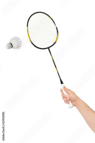 Hand with badminton racket and feather shuttlecock © Nikolai Sorokin