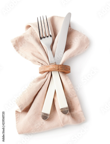 Cutlery for festive table setting on white background