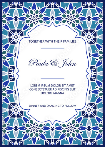 Vintage Wedding Invitation template. Save the date card. Trendy design with Tiled background. Tradition decoration for wedding. Perfect for Boho Wedding. Vector illustration.