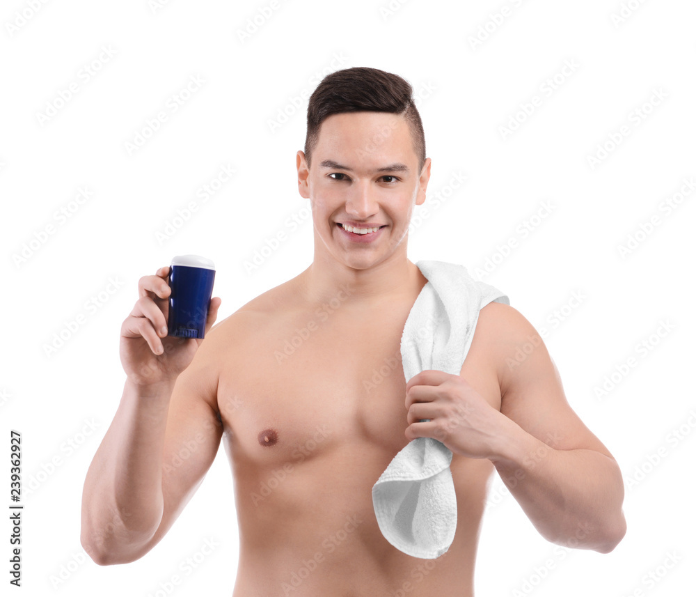 Young man with deodorant on white background Young man with deodorant on white background