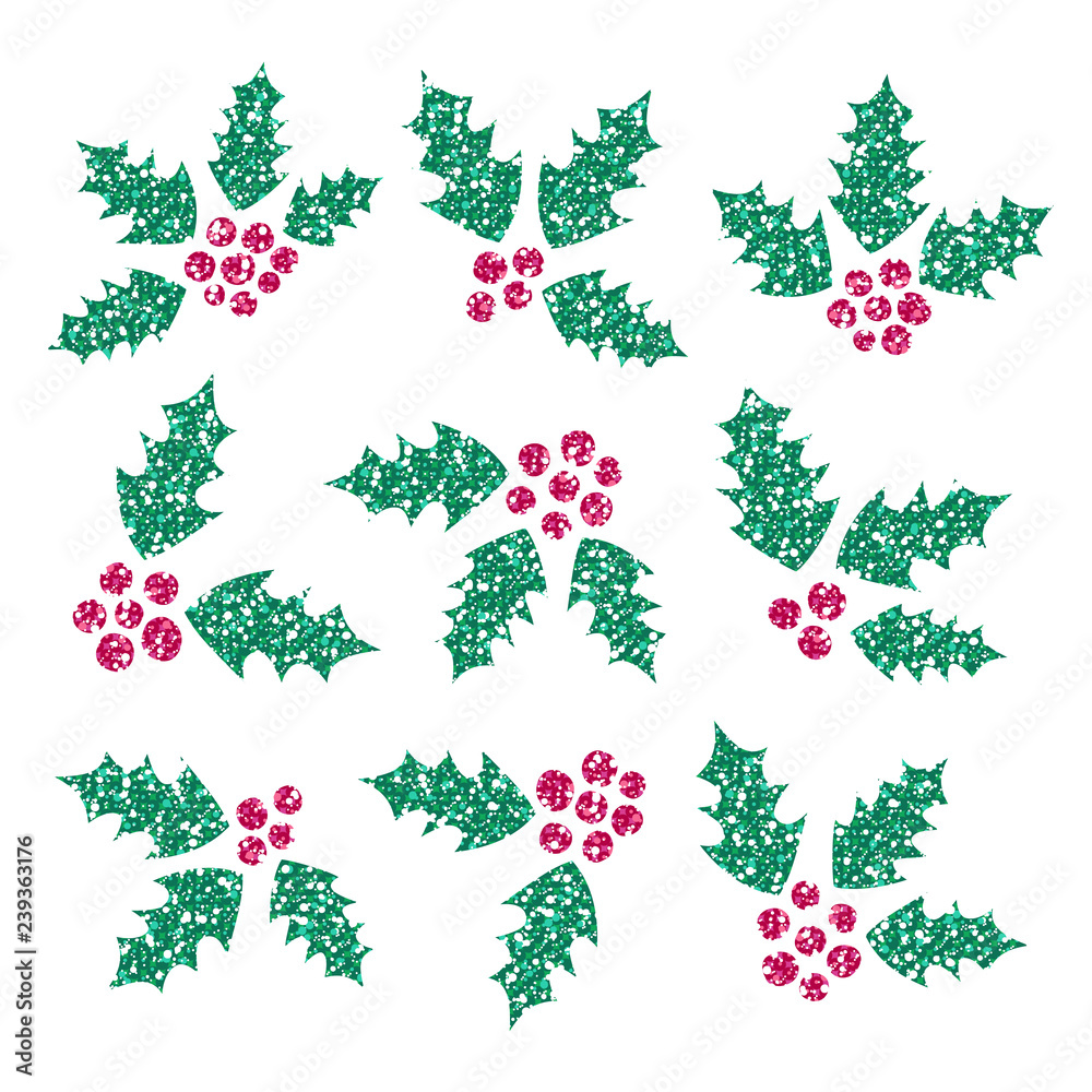 Fototapeta Set of Holly Berry Vector Elements. Ilex Aquifolium. Glitter Christmas Berries.