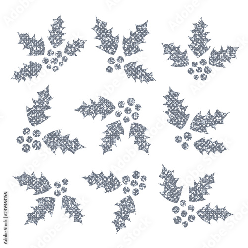 Set of Holly Berry Vector Elements. Ilex Aquifolium. Glitter Christmas Berries.