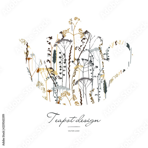 Teapot silhouette with floral print. Herbal tea. Vector card design.