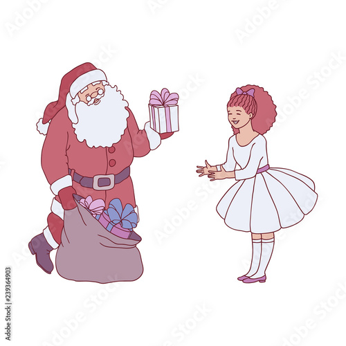 Vector illustration of Santa Claus getting gift box from his bag and giving it to little smiling girl in festive dress in sketch style isolated on white background for Christmas and New Year concept.