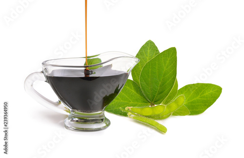 A bowl of soy sauce with plant. Isolated on white background