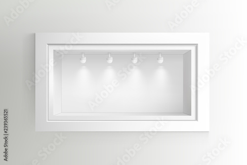 Showcase with light sources. Illustration isolated on background. Graphic concept for your design