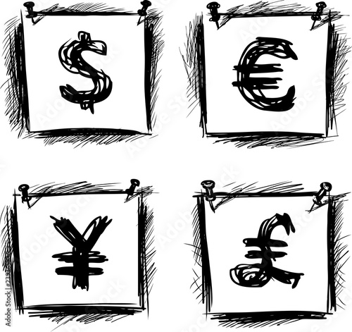 Sketches of currency symbols on notepaper sheets