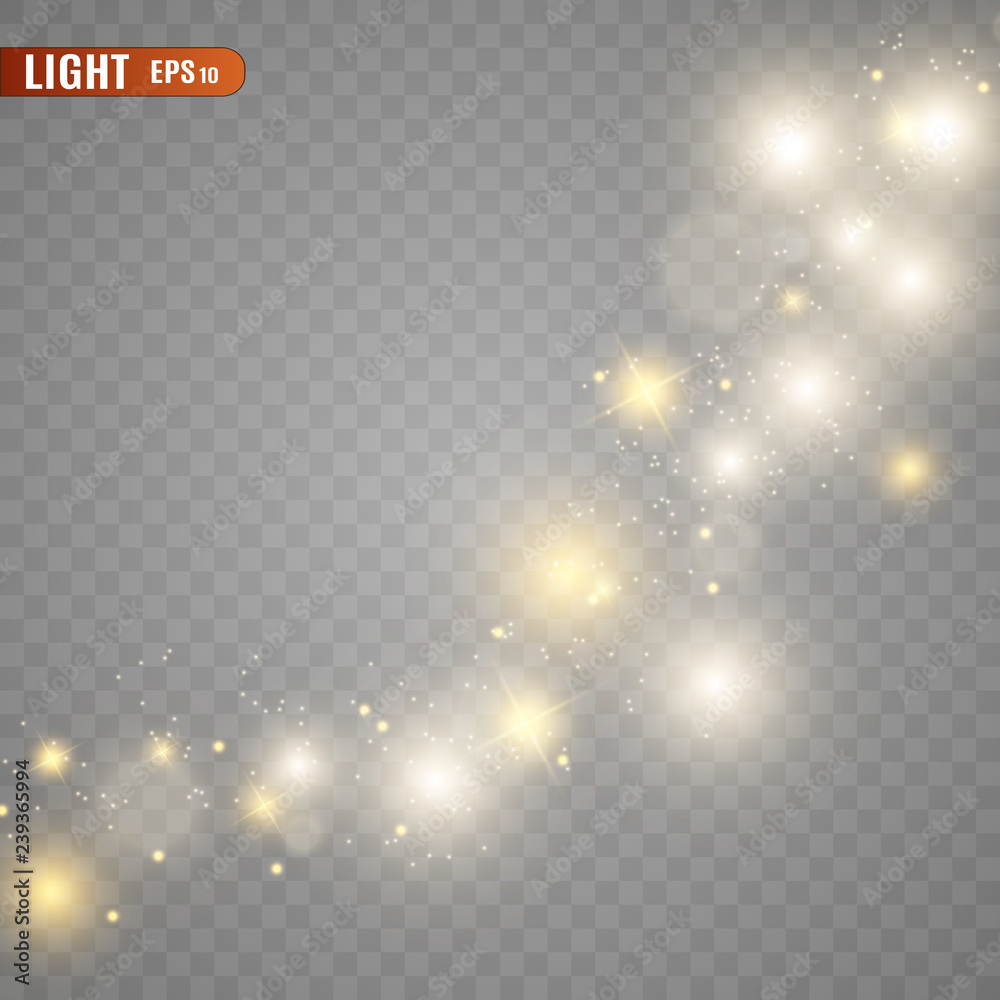 Fototapeta White sparks and golden stars glitter special light effect. Vector sparkles on transparent background. Christmas abstract pattern. Sparkling magic dust particles