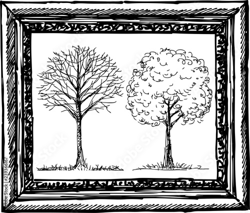 Vector image of trees sketches in a decorative frame