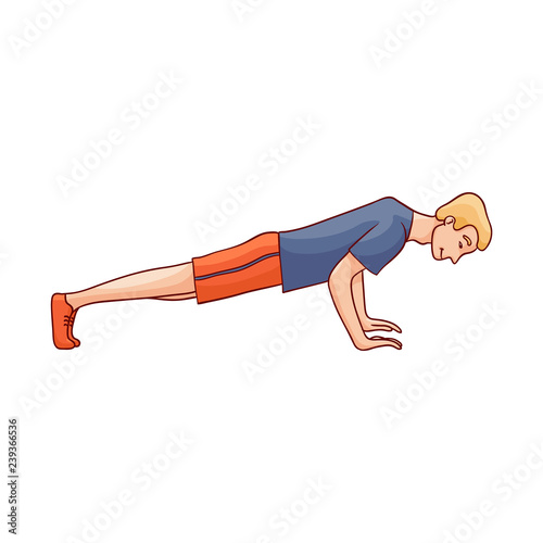 Vector sketch man in red shorts, tshirt doing push-ups exercise. Male sportsman character athlete doing strength workout training on chest muscles. Healthy lifestyle