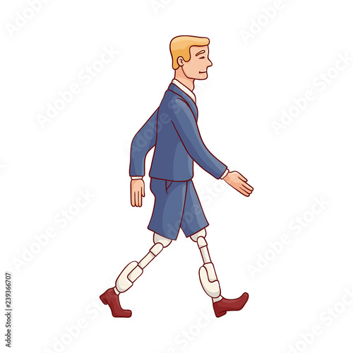 Vector sketch businessman in suit walking with artificial bionic leg prosthesis. Futuristic character and medical handicap technologies. Corporate man with robotic leg