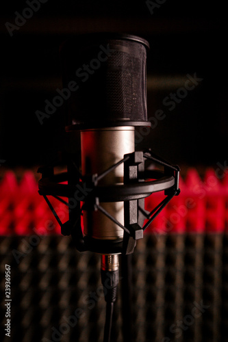 Open empty microphone in close-up recording Studio. Vertical photography