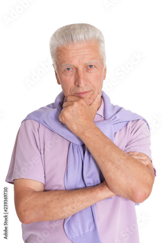 Close up portrait of senior man isolated on white background