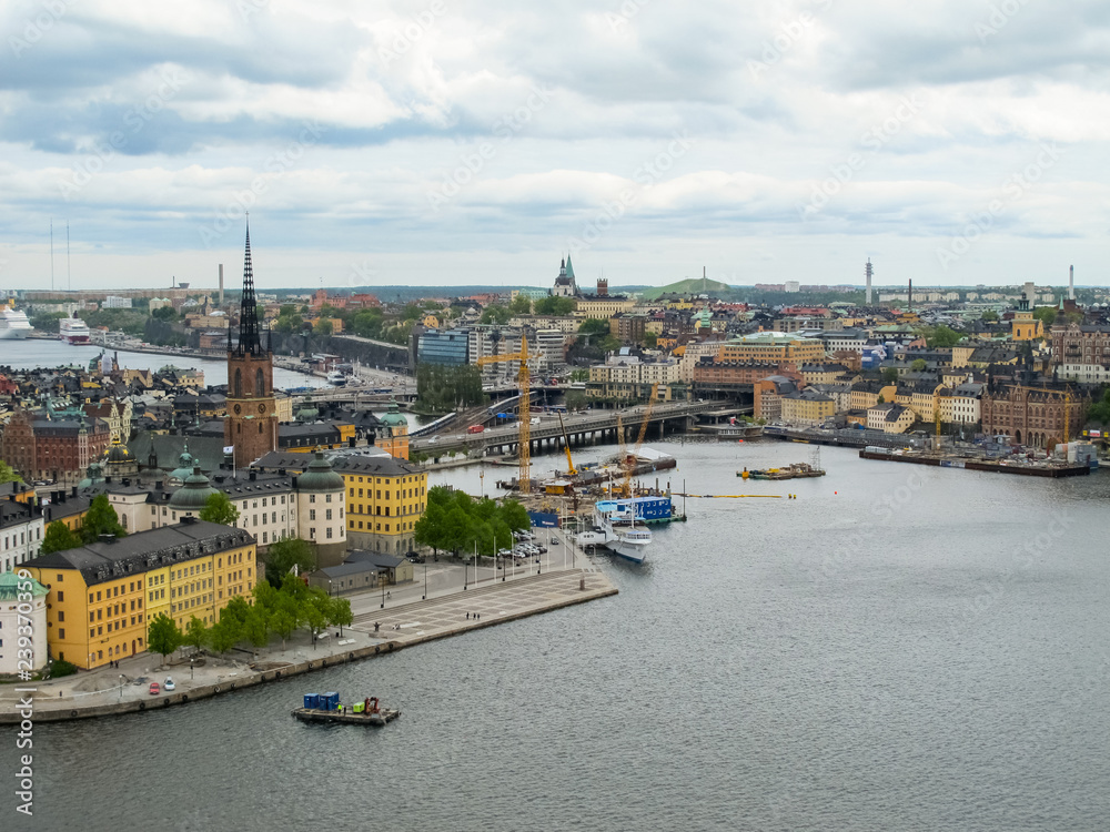 Stockholm Sweden . Wonderful aerial panorama from observation deck on a modern city and Gamla Stan (Old Town)