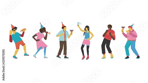 Friend party vector illustration set with men and women with holiday equipment dancing and having fun - isolated flat male and female characters with no faces drinking cocktails and eating pizza.