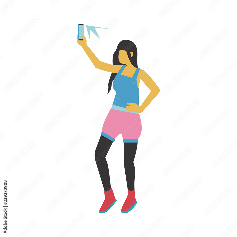 Vector illustration of young woman taking selfie with smartphone camera isolated on white background - flat female character with no face holding mobile phone in hand and doing photo of herself.