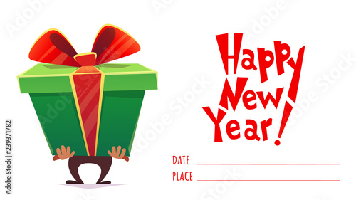 happy new year holiday celebration greeting postcard banner card invitation , man hold big huge gift box surprise withgreen ribbon with tied bow Cartoon flat stile funny vector illustration. photo