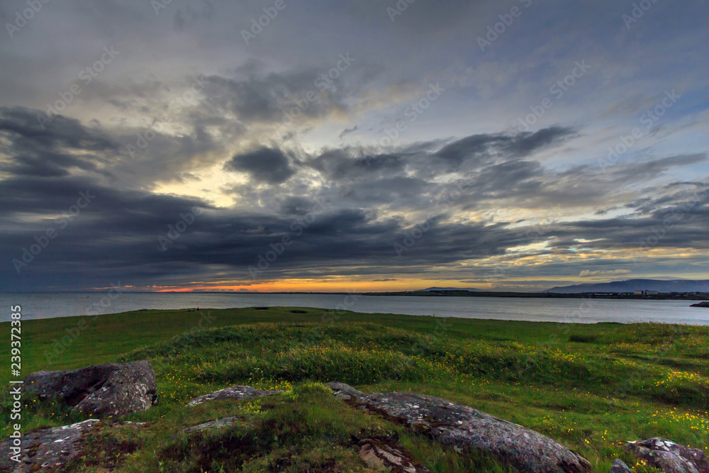 Naklejka premium Stony coast at sunset in Iceland