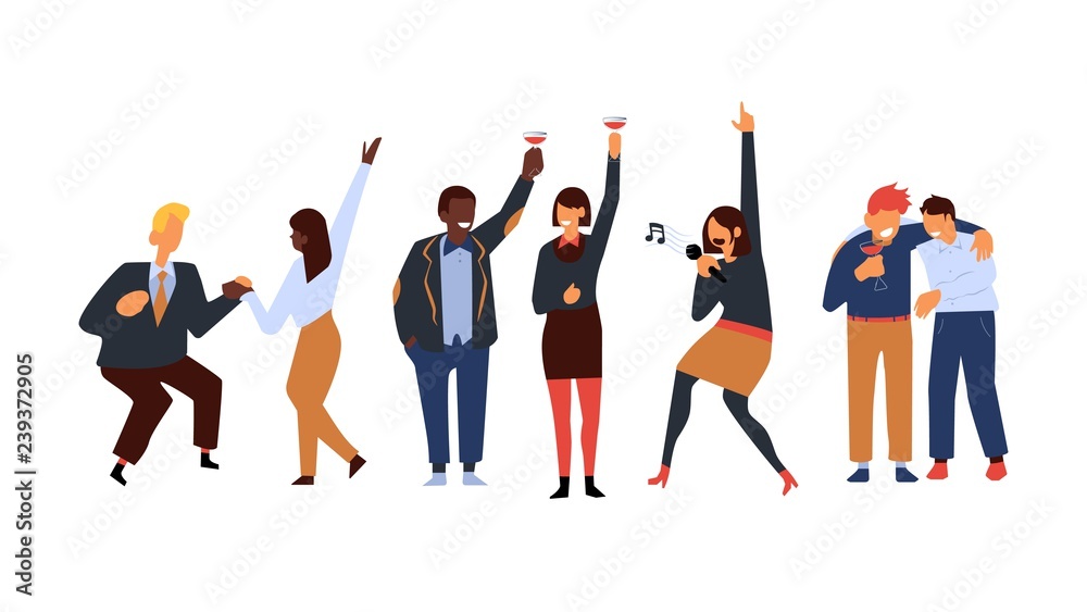 Corporate party vector illustration set with various business people in ...