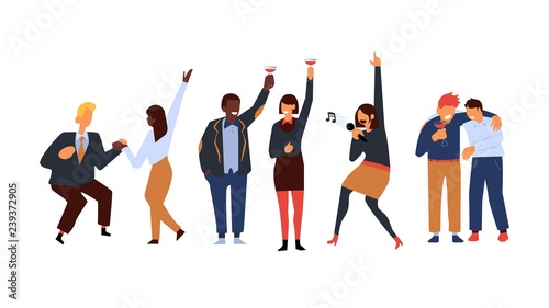Corporate party vector illustration set with various business people in suits dancing, singing karaoke and drinking alcohol cocktails in flat style isolated on white background.
