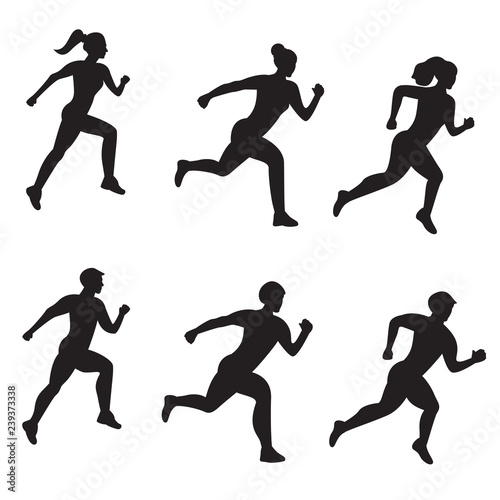 Silhouette of running men and women on white background. Vector set of isolated silhouettes. Vector illustration