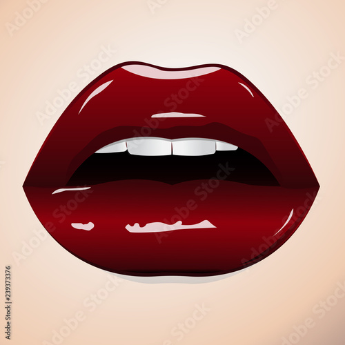 Sexy sweet red lips. Sweet sexy pop art. Shining gloss lipstick, erotic open mouth, sexual wet red lip, white teeth. A pair of glossy vector lips. Vector illustration