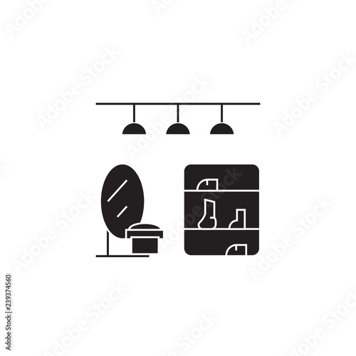 Shoe fitting room black vector concept icon. Shoe fitting room flat illustration, sign, symbol