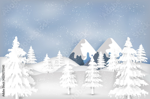 Paper art , cut and digital craft style of Snow , winter season and christmas tree as merry christmas and happy new year concept. Vector illustration.