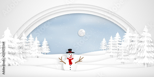 Paper art , cut and digital craft layer style of Snow and winter season with snowman and christmas tree as merry christmas and happy new year concept. Vector illustration.