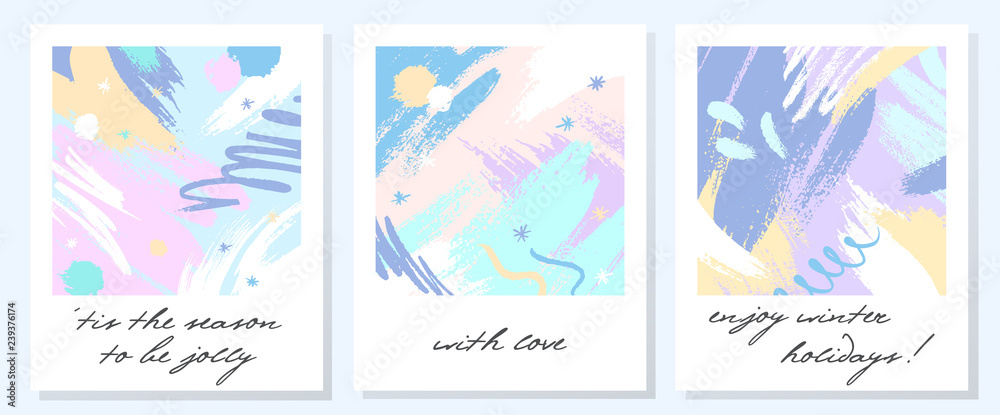 Unique artistic holidays cards with hand drawn shapes and textures in soft pastel colors.Trendy greetings design perfect for prints,flyers,banners,invitations,covers and more.Modern vector collages.