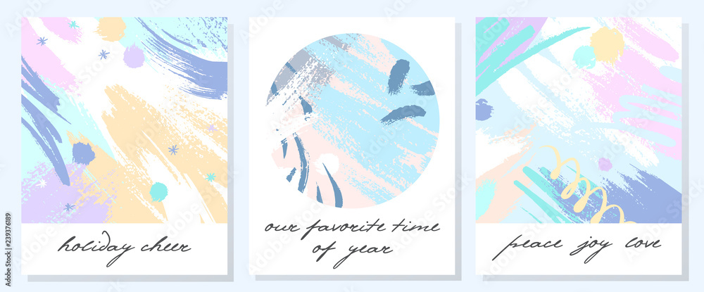 Unique artistic holidays cards with hand drawn shapes and textures in soft pastel colors.Trendy greetings design perfect for prints,flyers,banners,invitations,covers and more.Modern vector collages.v