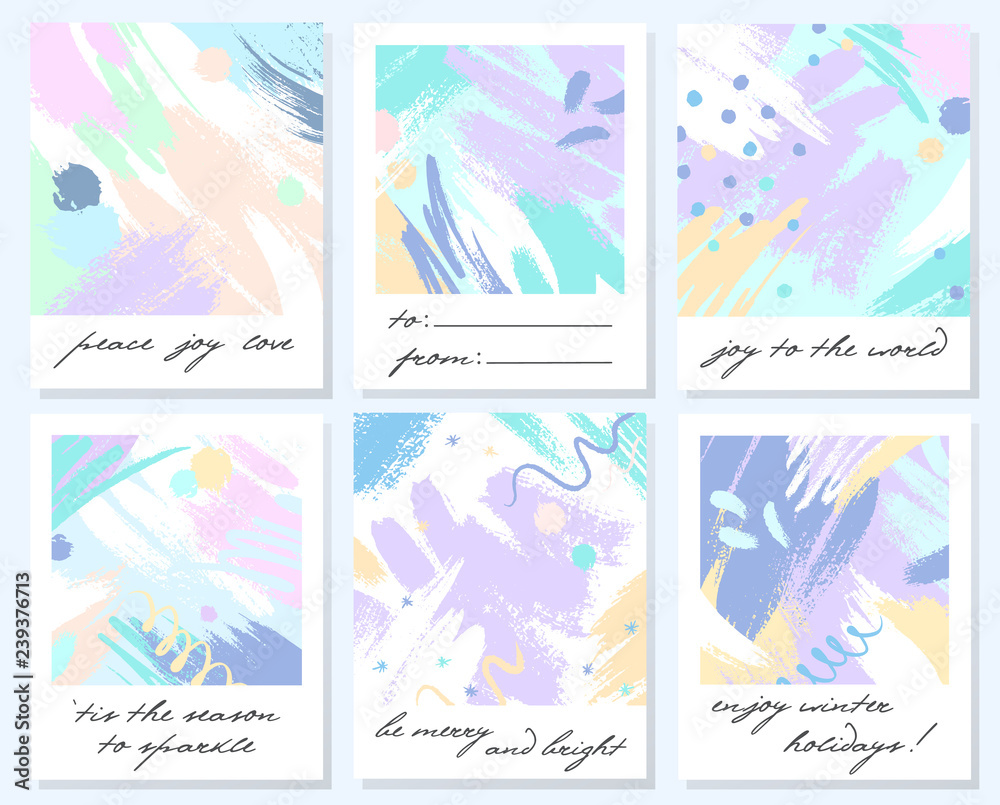 Unique artistic holidays cards with hand drawn shapes and textures in soft pastel colors.Trendy greetings design perfect for prints,flyers,banners,invitations,covers and more.Modern vector collages.