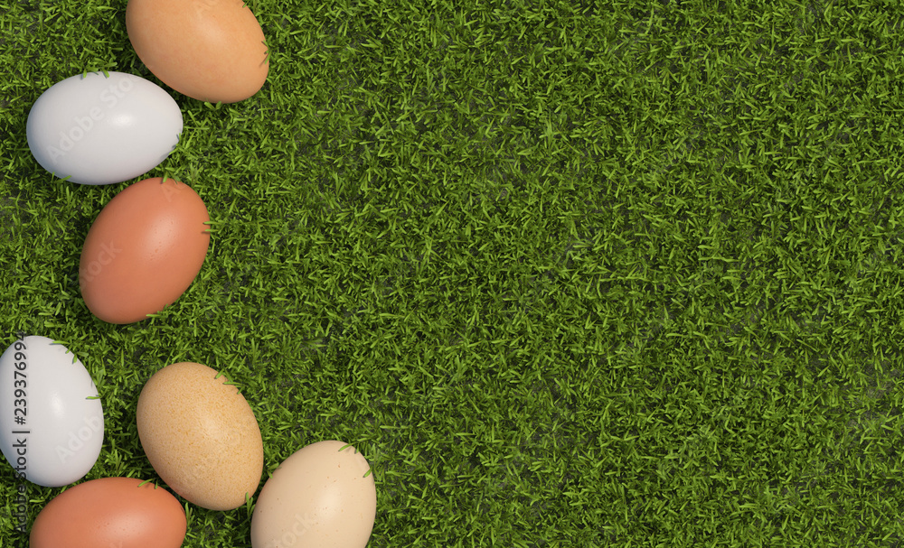 Multi colored chicken eggs are scattered on the background of green grass. Copy space. Top view. 3D render. Multi colored chicken eggs are scattered on the background of green grass. Copy space. Top view. 3D render.