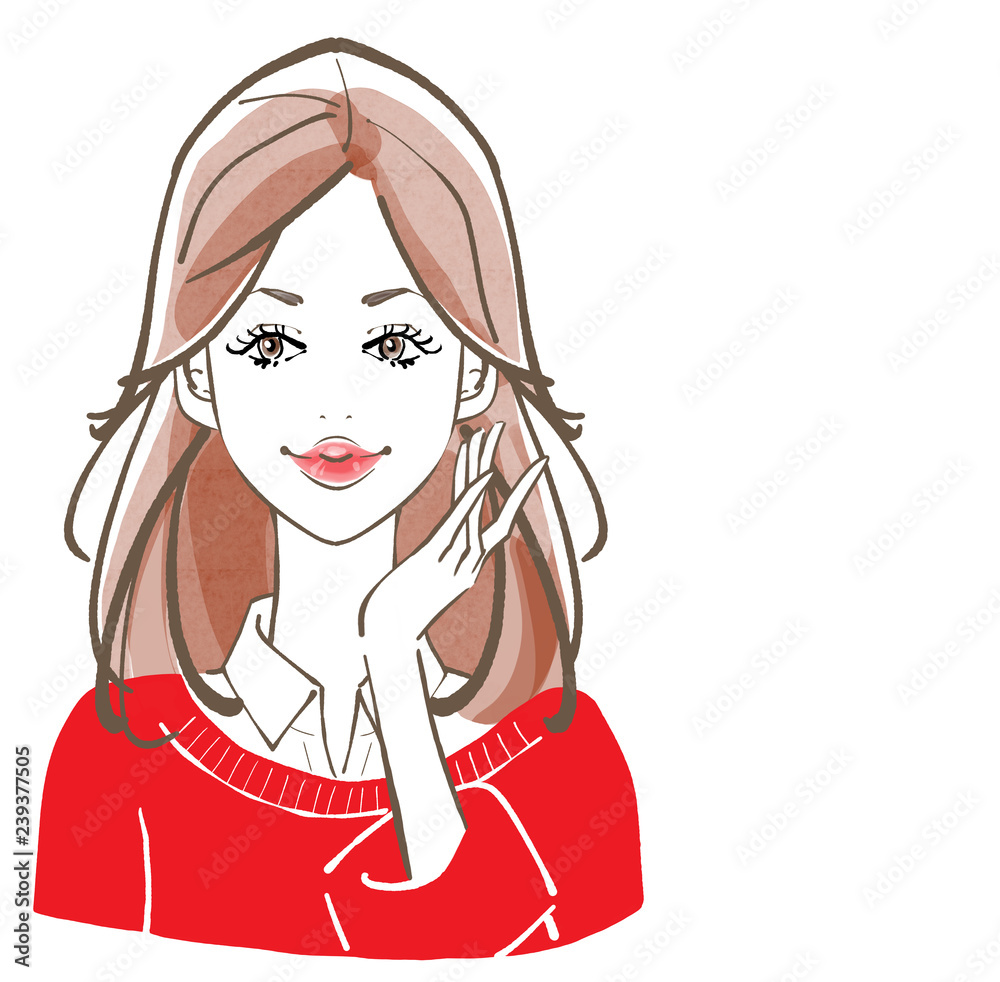 ロングヘアー　赤セーター