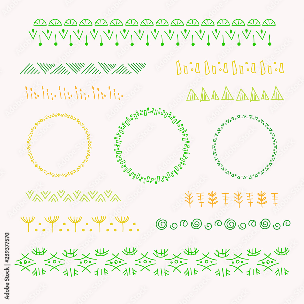 Collection of vector graphic borders and circle frames. Geometric and plant motifs