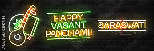 Vector realistic isolated neon sign of Saraswati festival logo for decoration and covering on the wall background. Concept of Happy Vasant Panchami in India.