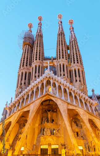 Panoramic view of Sagrada Familia Cathedral at evening time in Barcelona
