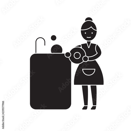 Washing dishes black vector concept icon. Washing dishes flat illustration, sign, symbol