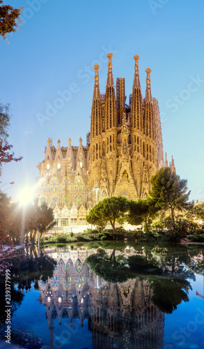  Panoramic view of Sagrada Familia Cathedral at evening time in Barcelona