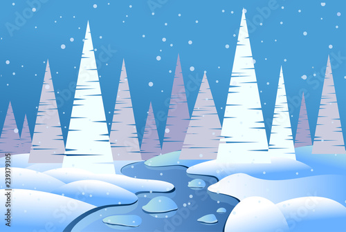 Winter landscape with Christmas trees, a river with ice and snowdrifts. Christmas forest. Cartoon illustration. Vector image.
