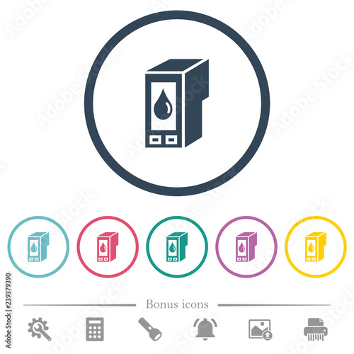 Ink cartridge flat color icons in round outlines
