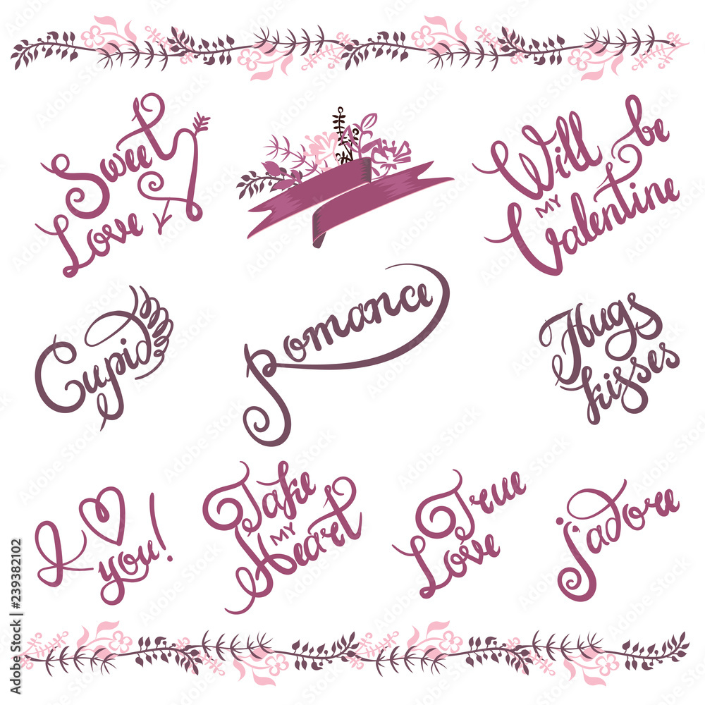 Handwritten Valentine s day greetings set. Custom texts painted with dry paint brush. Flourish frame and different styles of heart shapes. Ready phrases for your design.