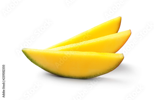 Fresh juicy mango slices isolated on white