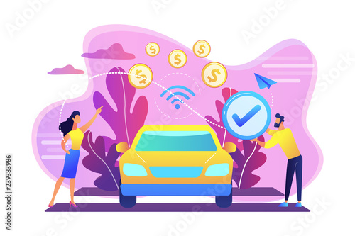 Business people paying in vehicle equiped with in-car payment system. In vehicle payments, in-car payment technology, modern retail services concept. Bright vibrant violet vector isolated illustration